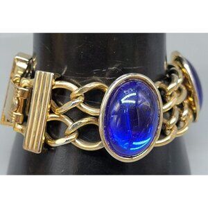 Blue Lucite Station Bracelet Vintage Large Link Gold Tone Size 7 Large Cabachon